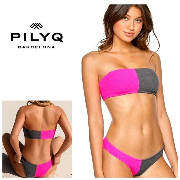New. Pilyq teeny pink and gray bikini set. M/L. Retails $178 - Picture 1 of 5